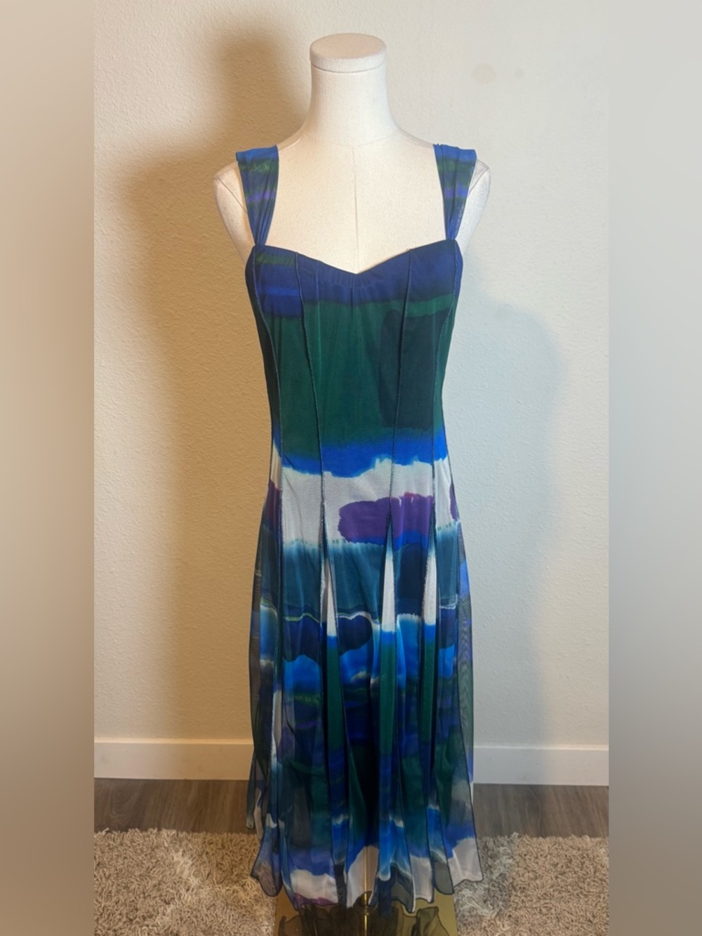 NWT Elana Kattan Blue & Green Mesh Midi Dress size Medium